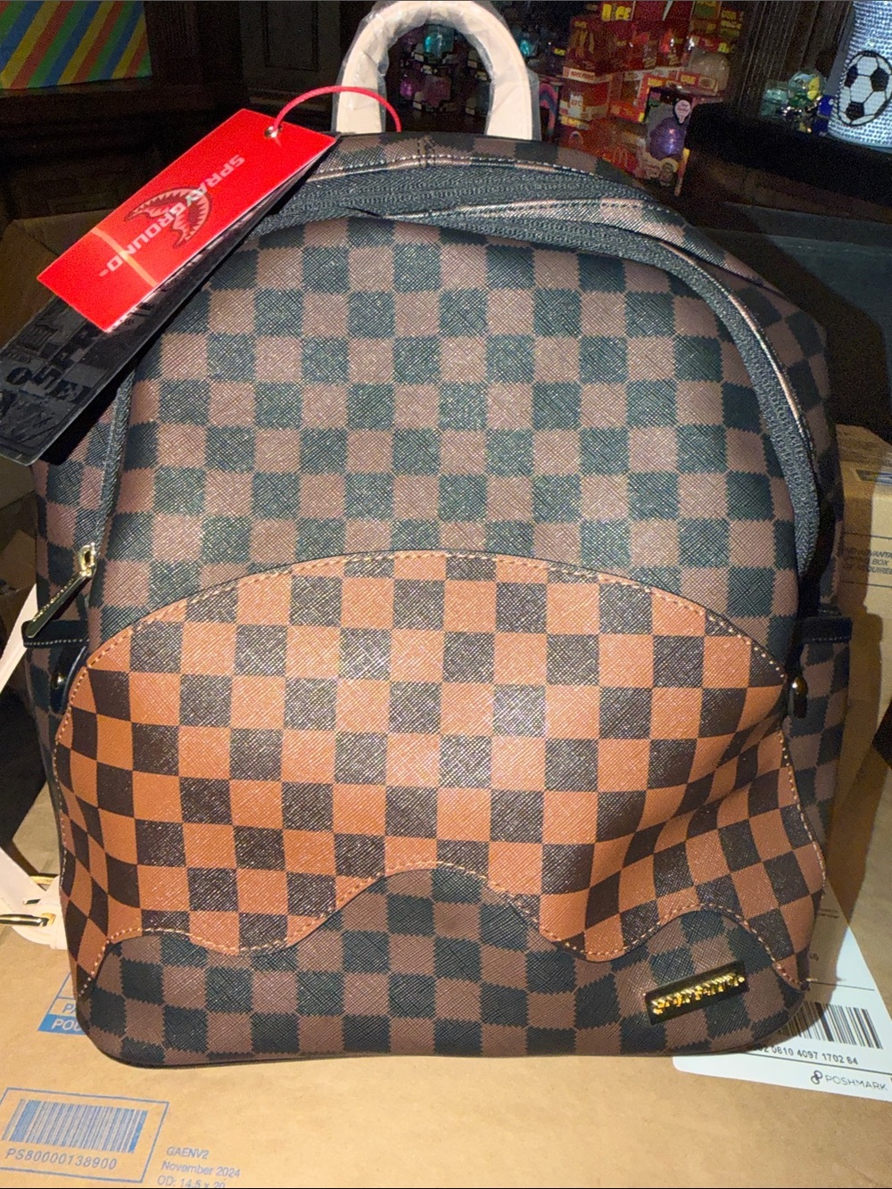 Sprayground Checkerboard Pattern Brown and Black Men’s Backpack boujee savage